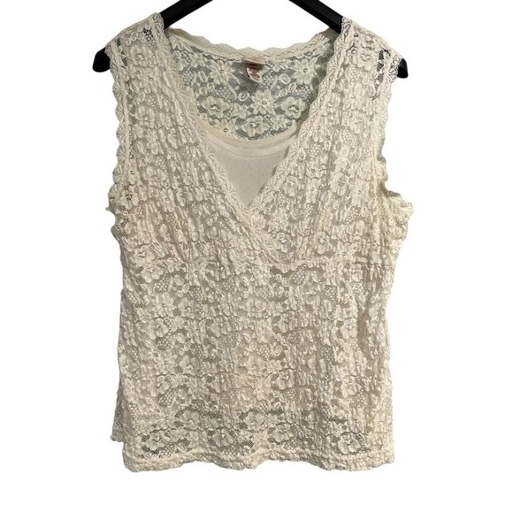 Covington Tops - Vintage Y2K Babydoll Top White Sheer Lace Size XL Coquette Cottagecore Romantic